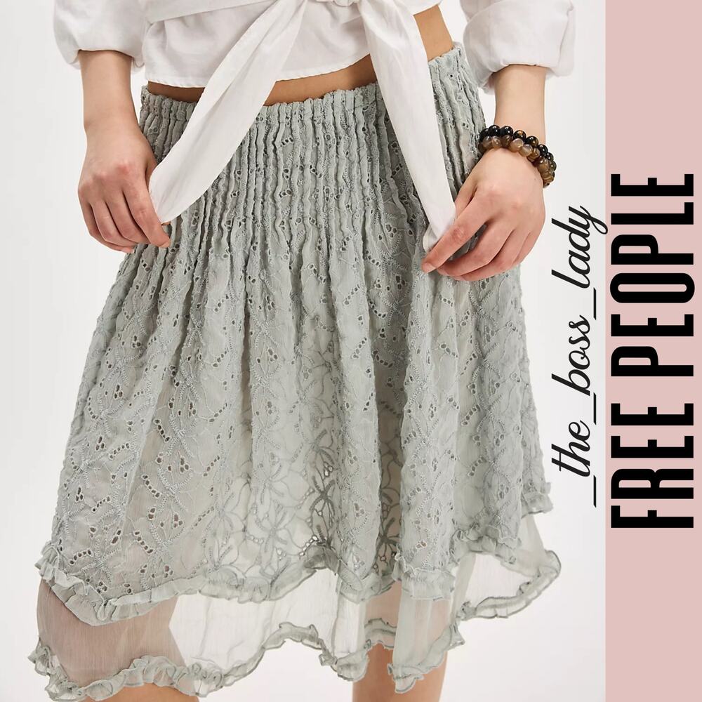 Free People skirt midi floral eyelet pull-on asymmetrical ruffle a-line